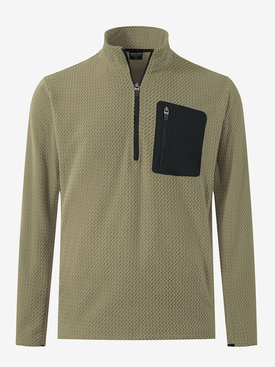 3D front view of midweight warm stretchy quarter zip pullover in desert yellow, simple and sleek look.