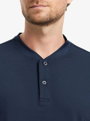 Front view from nose to chest wearing Everyday Collarless Jersey Shirt in NAVY.