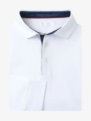 Folded view of WHITE Long Sleeve Solid Jersey Polo showing fabric texture and neat folds