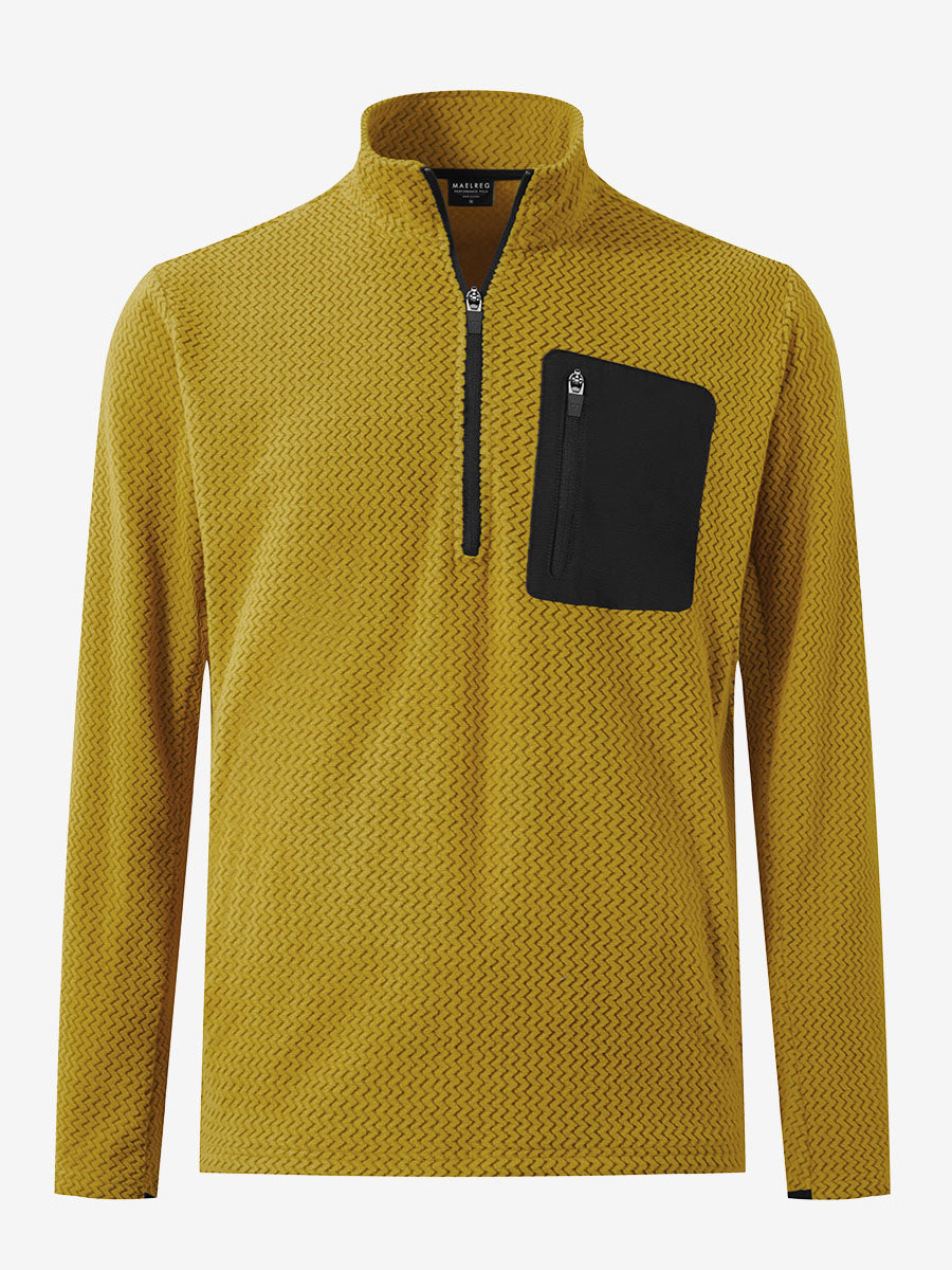 3D front view of midweight warm stretchy quarter zip pullover in yellow, simple and sleek look.
