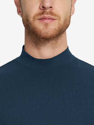 Close-up collar view from nose to chest, showing fine fabric texture of the Navy turtleneck.