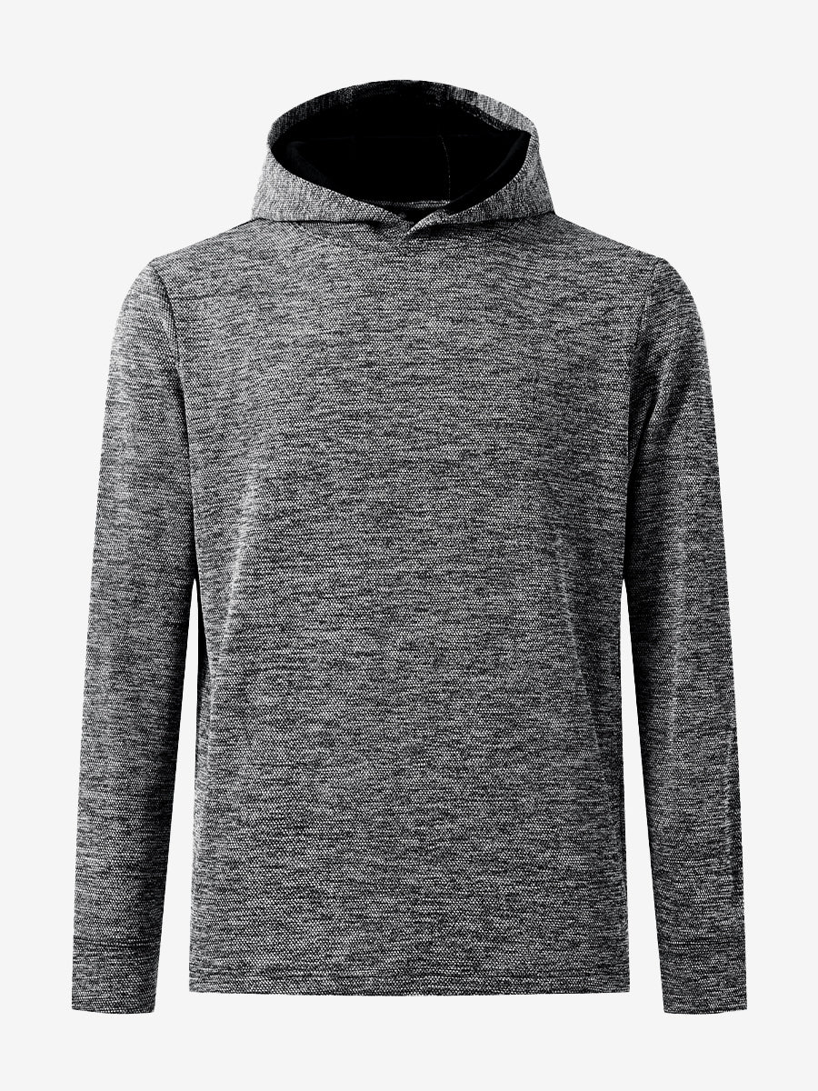 3D front image of texture solid hoodies pullover highlighting simple design and smooth fabric, black heather.