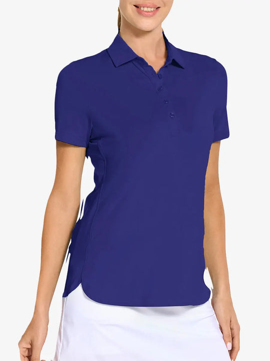 Front view from nose to hem of model wearing KLEIN BLUE Women's Performance Solid Polo with skirt