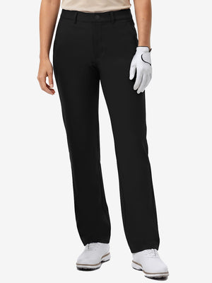 Front lower body shot of model wearing black women's regular fit stretchy golf pants