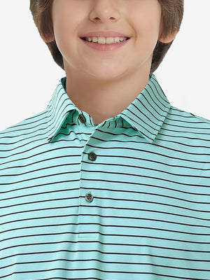 Front collar upper body of youth performance golf polos, clean neckline and turquoise/navy stripe detail