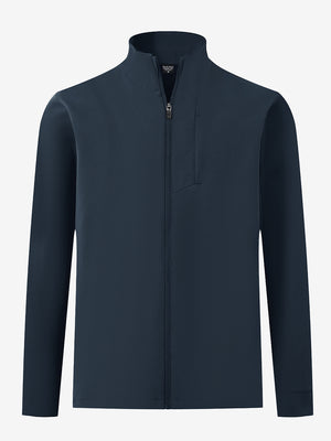 Water-resistant zip up golf jacket in navy, clean 3D front view highlighting sleek design.