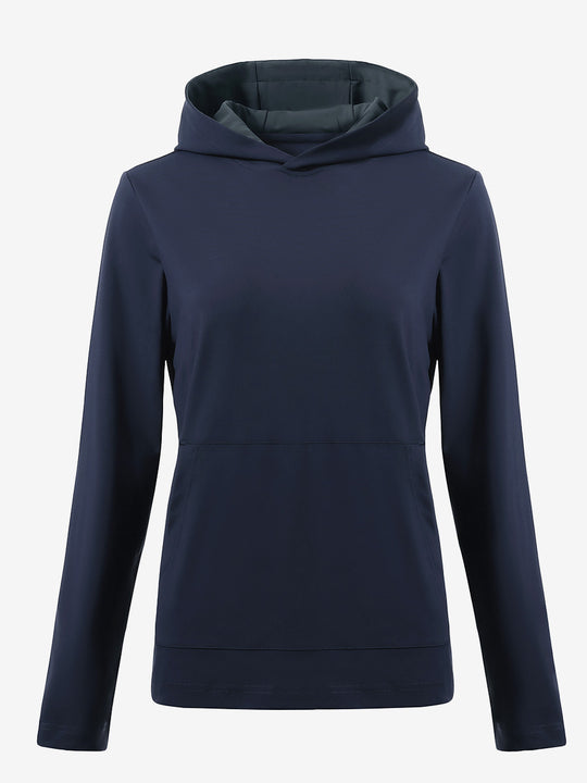 3D front view of women's lightweight hoodies pullover in navy, showing clean and sporty look.