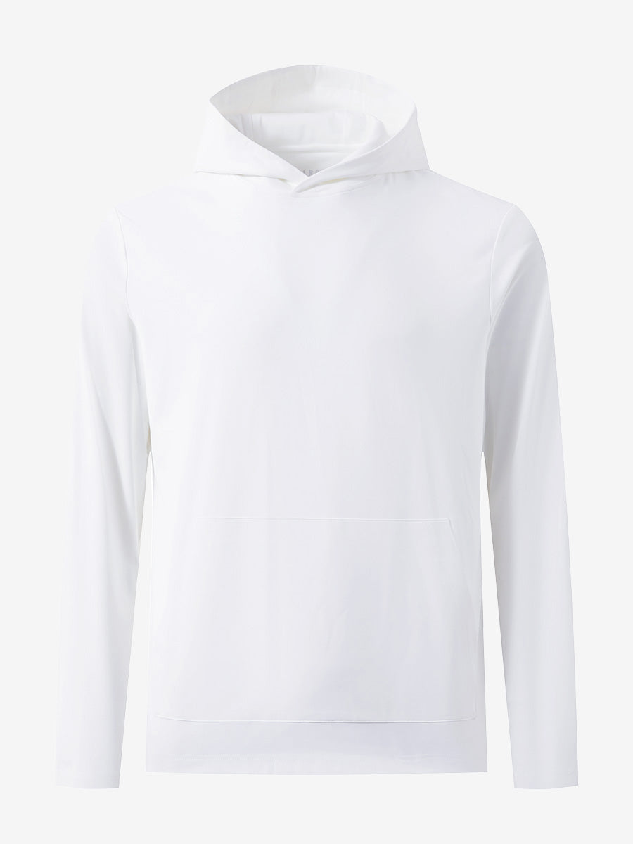 3D front view of youth long sleeve hoodied with kangaroo pocket in white, showing clean design.