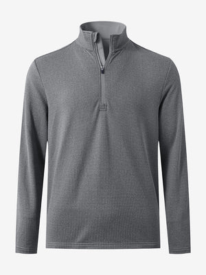 Front 3D view of casual fleece lined quarter zip pullover in grey, showing clean athletic fit.