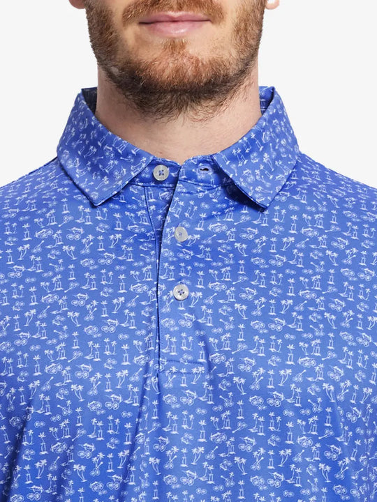 Fresh ocean blue color with seaside palm pattern, summery design for golf casual style wear.