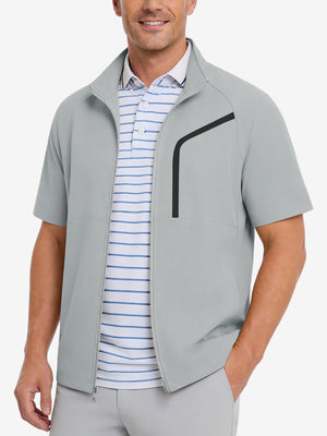Model front upper body portrait display, lightweight upf50+ short sleeve golf vests jacket in silver grey