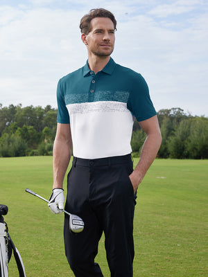 Model in white/dusty blue premium performance polo holding a golf club outdoors, half-body shot