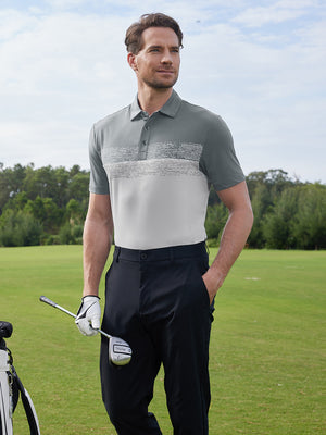 Model in greyglacier grey premium performance polo holding a golf club outdoors, half-body shots.