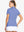 Back-side half-body shot of model in HAZE BLUE Women's Performance Solid Polo, looking over shoulder