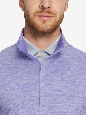 Heather Pinstripe Brushed Dry Fit Quarter Zip Pullover in lavender heather, front chest detail showing brushed fabric and pinstripe texture