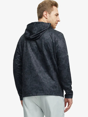 Model wearing Black Grey Leaf Trendy Print Hoodies Pullover – front half-body view