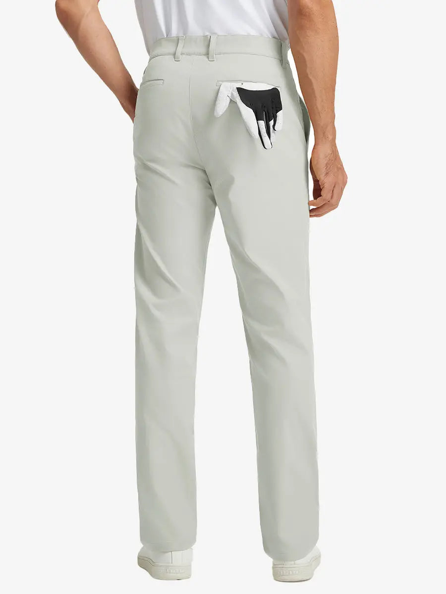 Rear lower leg view of Water Repellent 8 Pockets Pants in SILVER GREY，showing fabric texture and fit.，showing fabric texture and fit.