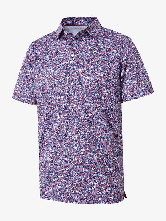 3D view displaying the colorful floral pattern polo shirt, highlighting vibrant colors and fine details.