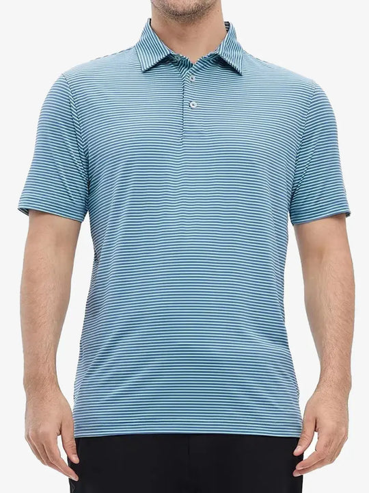 Model wearing Cooling Stripe Golf Shirt in GREEN ASH STRIPE, half-body front view with relaxed pose