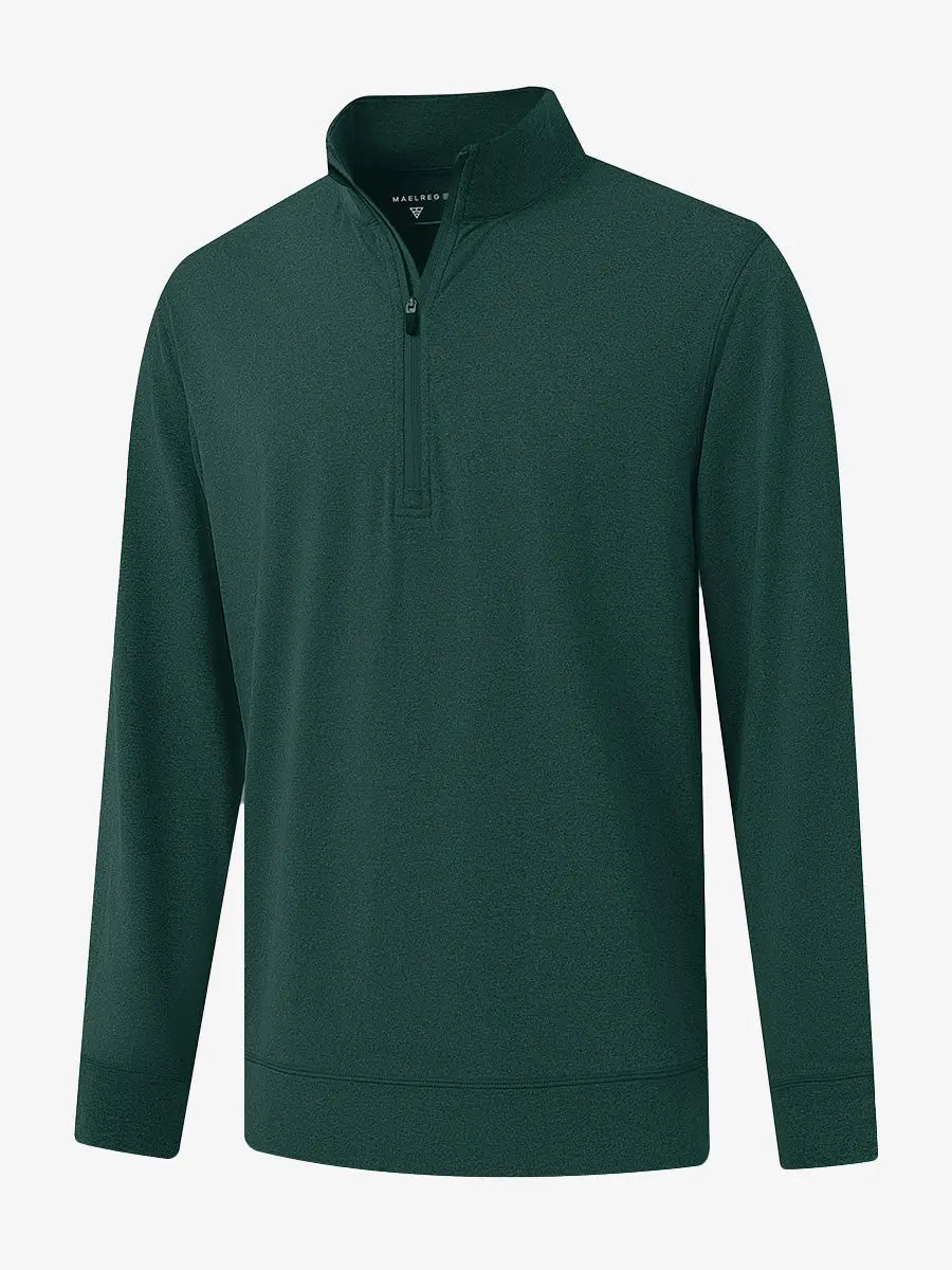 3D view of TURQUOISE HEATHER Quarter Zip Melange Pullover showing shape and melange pattern.