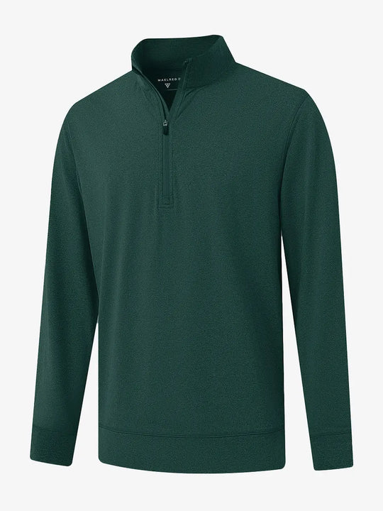 3D view of TURQUOISE HEATHER Quarter Zip Melange Pullover showing shape and melange pattern.