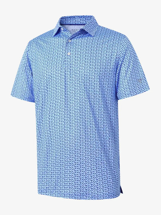 3D view of MAELREG Performance Jersey Print Polo in Bluejay Navy Dogs – breathable golf fabric