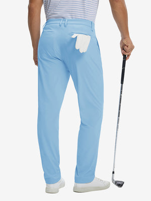 Back view of soft lightweight casual golf pants with 5 pockets, clean fit and structure in light blue.