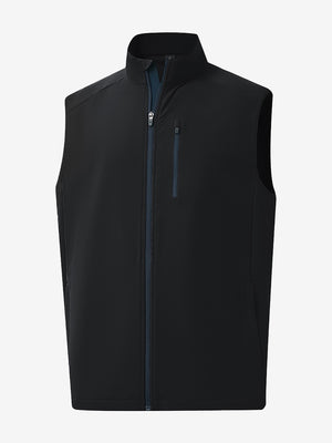 Front 3D view of windproof golf vests with zip pockets, clean shape with modern black finish