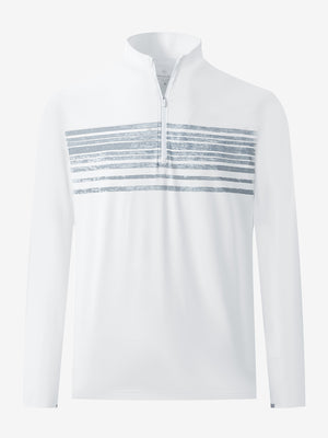 3D front view of the lightweight golf quarter zip pullover in white navy stripe, clean and athletic design.