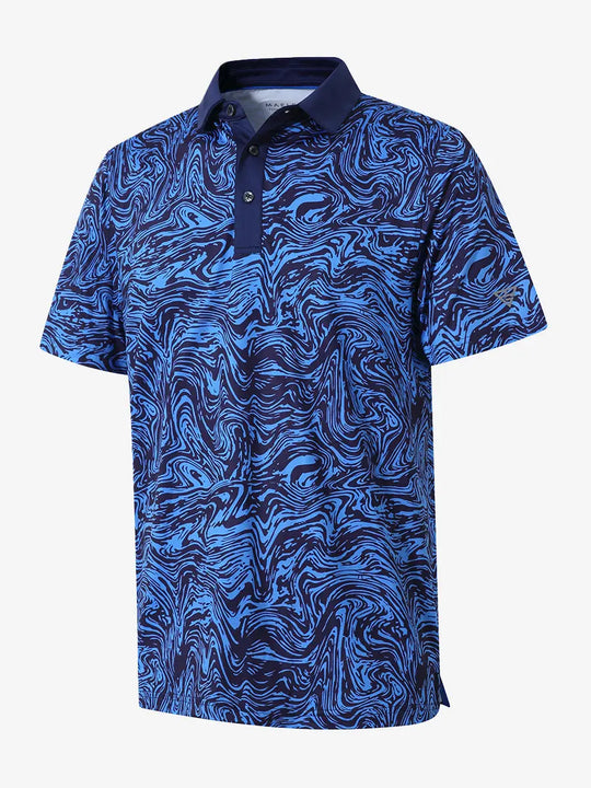 The 3D view shows the navy blue swirl patterned polo shirt, emphasizing its dynamic design and detailed, quick-drying fabric, perfectly adapted to the game of golf.