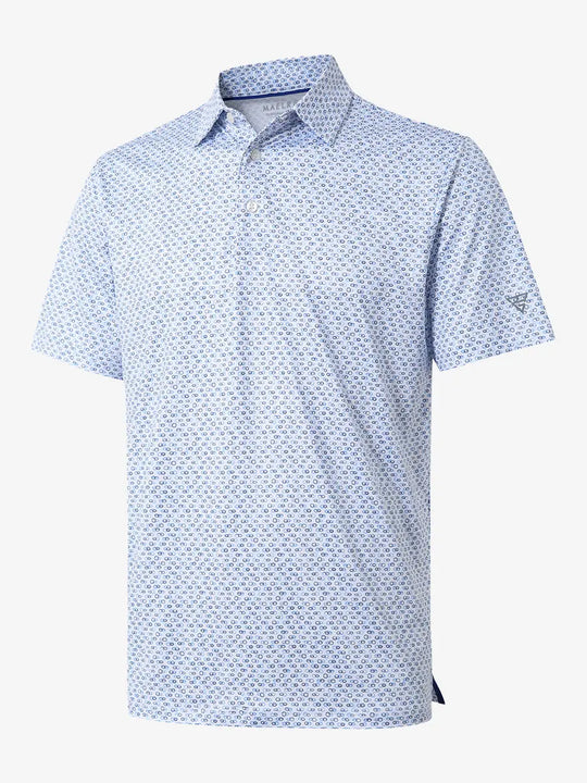 3D view of BLUE LOOP CHAIN Performance Quick Dry Print Golf Polo showing texture and fit.