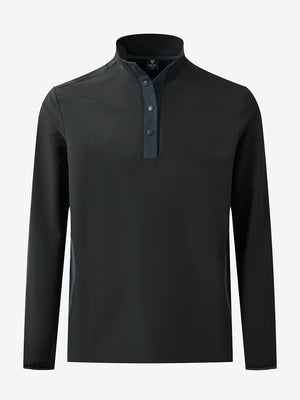 3D front view of the mock neck quarter button golf pullover in black, sleek and modern design.