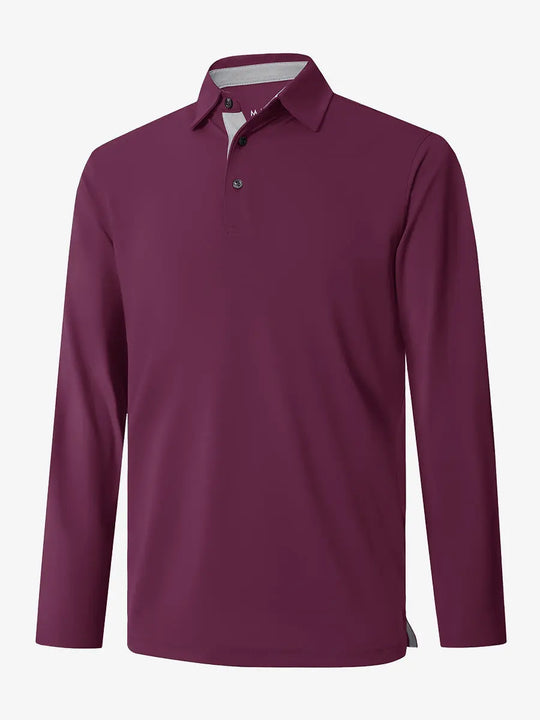 3D view of the dark grey long sleeve pique polo, showcasing its sleek design and functional details.