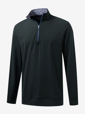 3D front view of the lightweight golf quarter zip pullover in dark grey, clean and athletic design.