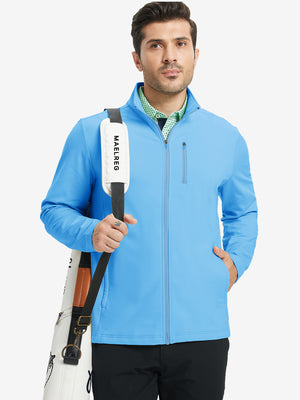 Model wearing sky blue lightweight casual fleece jacket with 5 pockets, hand in pocket, tennis bag