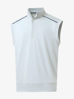 3D view of GREY MIST Stretch Solid Fleece Quarter-Zip Vest showing fit and texture.								
