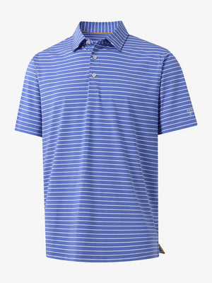 3D product view of BLUISH BLUE/WHITE STRIPE Youth Performance Golf Polo showing design and fit.