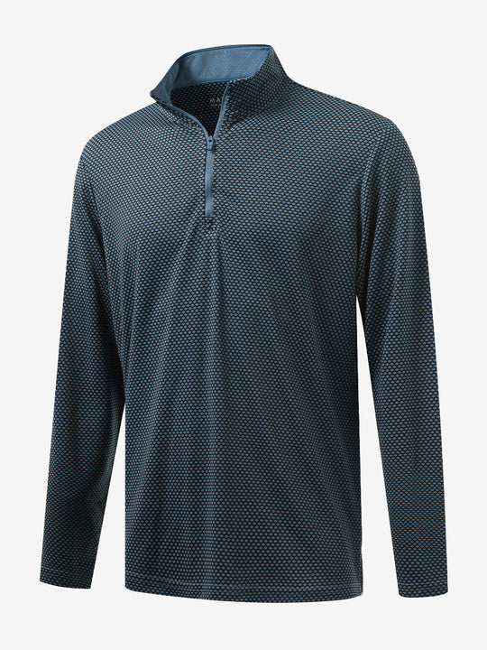Front 3D view of jacquard quarter zip pullover in black/blue, showing its textured fabric design.