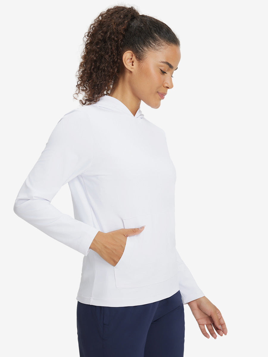 Model with one hand in side pocket wearing women's lightweight hoodies pullover in white.