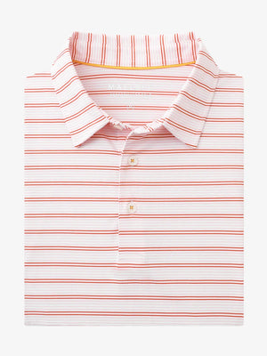 Folded Pink Red Stripe Performance Stripe Golf Shirt displayed flat