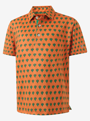 3D view of orange cactus Performance Print Boys Golf Polo.