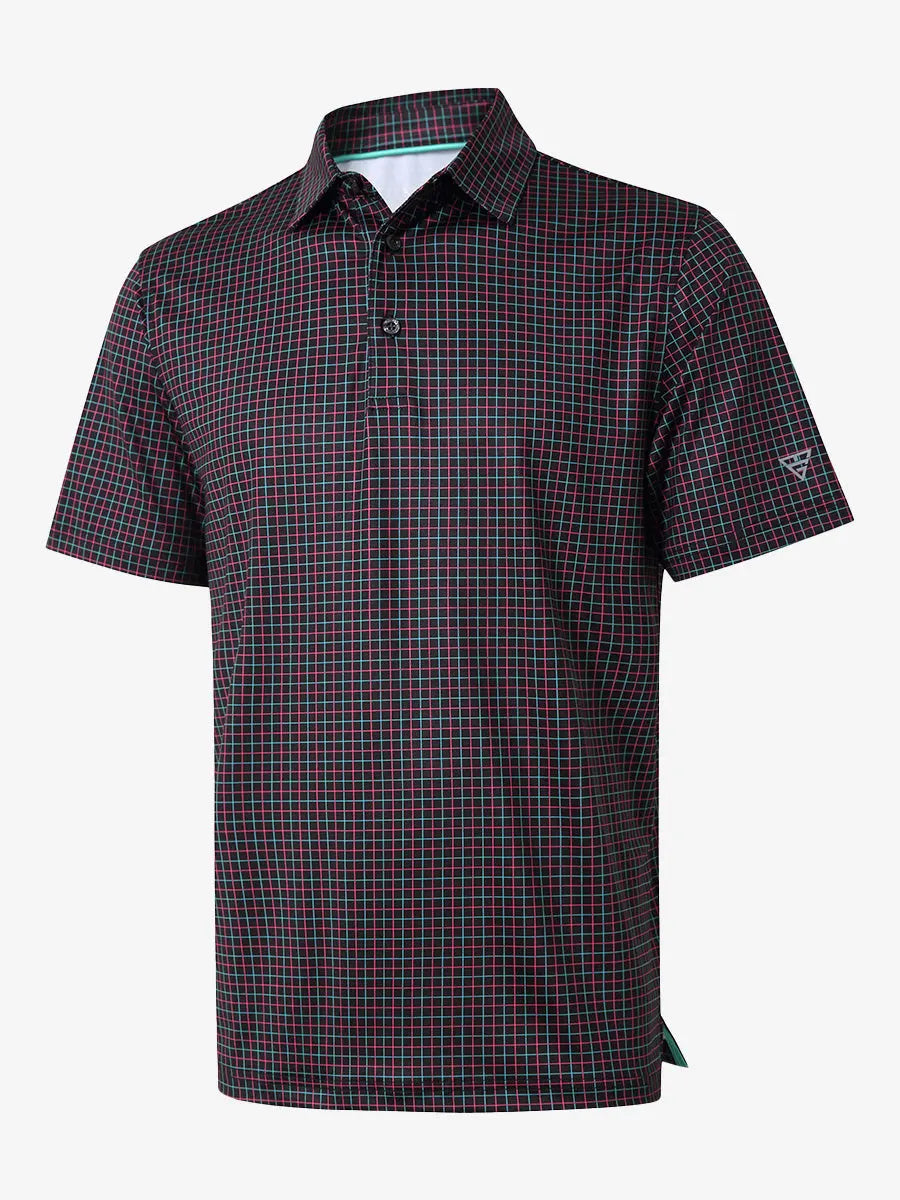 3D view of BLACK GRID Performance Quick Dry Print Golf Polo showing texture and fit.