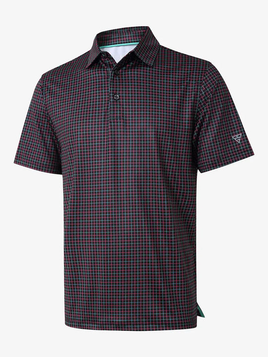 3D view of BLACK GRID Performance Quick Dry Print Golf Polo showing texture and fit.