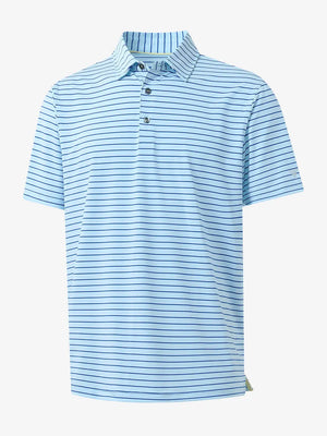 3D product view of LIGHT BLUE/COBALT STRIPE Youth Performance Golf Polo showing design and fit.