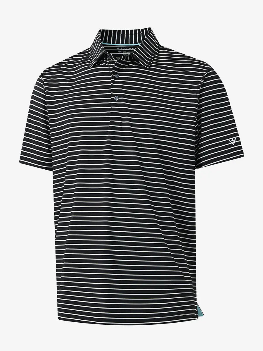 3D product view of BLACK/WHITE STRIPE Youth Performance Golf Polo showing design and fit.