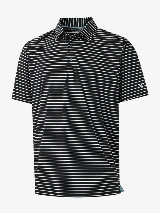 3D product view of BLACK/WHITE STRIPE Youth Performance Golf Polo showing design and fit.