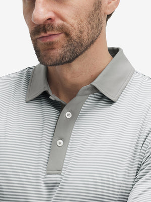 Close-up: nose to chest in grey white stripe upgraded two-tone striped quick dry polo shirt