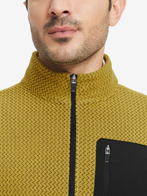 Close-up from nose to chest, showing collar detail of midweight warm stretchy quarter zip pullover in yellow.