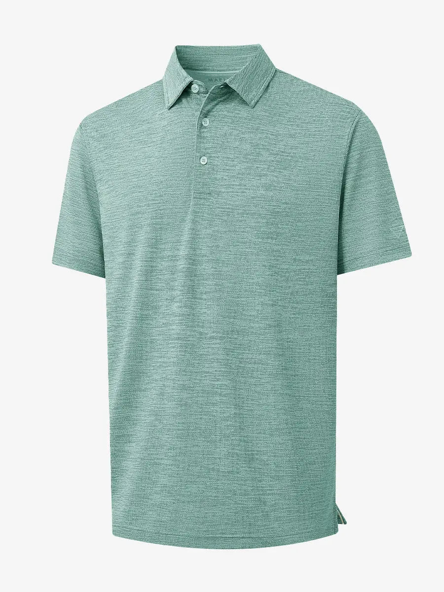3D view of GREEN HEATHER Premium Stretch Heather Polo showing texture and fit.