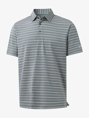 Front 3D view of trendy boys stripe polo shirts, clean structure and modern neutral stripe look